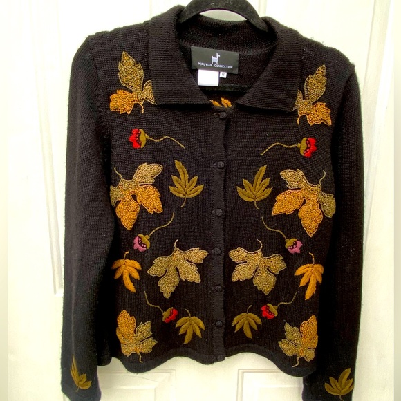 Peruvian Connection Black Cardigan with Leaf Embroidery